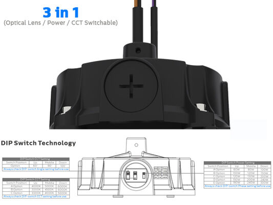 슈퍼 HB5 DIP 전환 가능한 광 렌즈 (60°/90°/110°), 전력 (100%-80%-60%), 3 CCT 선택