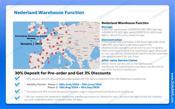 DUALRAYS 유럽 재고 LED 삼방등은 네덜란드에서 3 영업일 이내에 직접 배송되며, 현지 A/S 유지보수 및 수리를 받으실 수 있습니다.