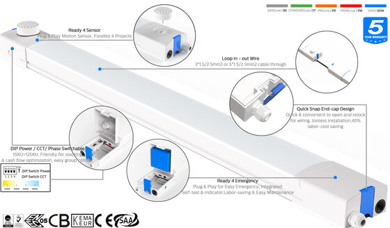 D4 LED 방습 램프, 최대 160 LPW DIP 전력/3CCT/3상 변경, 1SKU=12SKU, 주차장, 공장 등 다양한 용도에 이상적인 솔루션