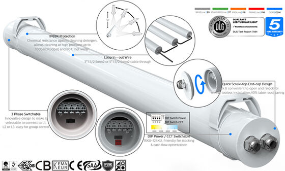 1.5m 60W IP69K IK10 MTB7 부두 및 통로용 해양 LED 관형 조명(3개 또는 5개의 배선 연결 가능 및 DIP 전환 가능 전원/3CCT/3상 변경 포함)