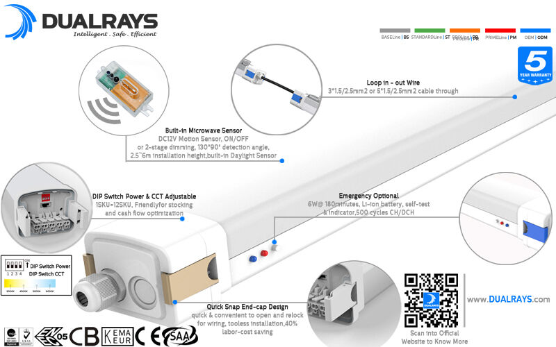 5ft/60W D5 LED 수분 방지 조명 DIP 전환 전원 / 3CCT 및 1-10V, DALI, 모션 센서, 낮 빛 센서, 지그비 및 비상 기능