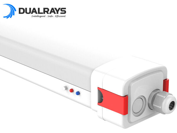 버클 디자인 엔드 캡이있는 DUALRAYS D5 LED 증기 방지 조명 피팅 빠르고 배선을 위해 열고 다시 잠그는 것이 편리합니다.